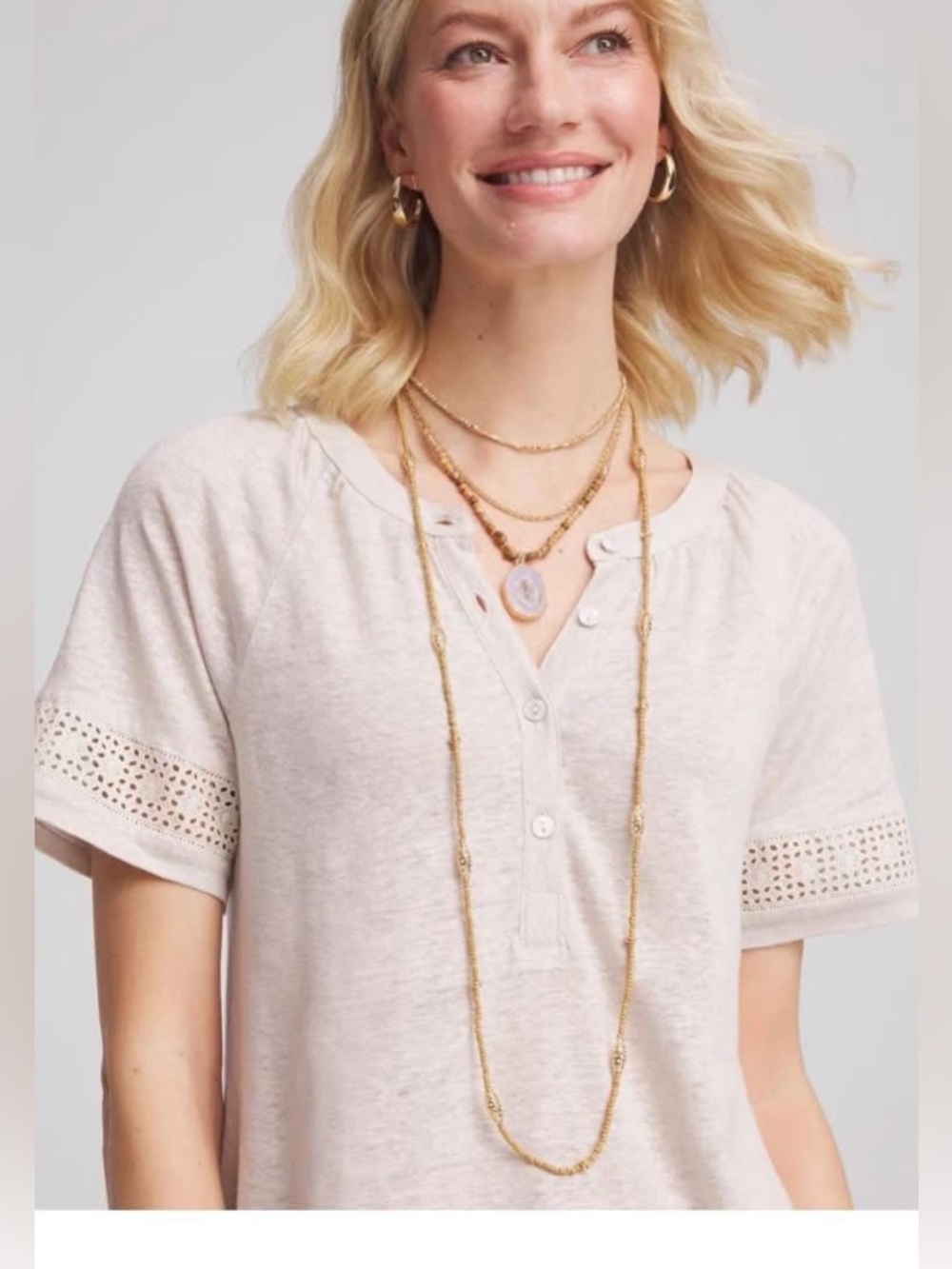 Chico’s size 1 (M) Beige Linen Button Front Henley lace blouse